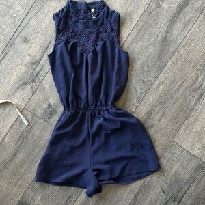Xhiliration romper, navy blue size XS lace shorts, casual